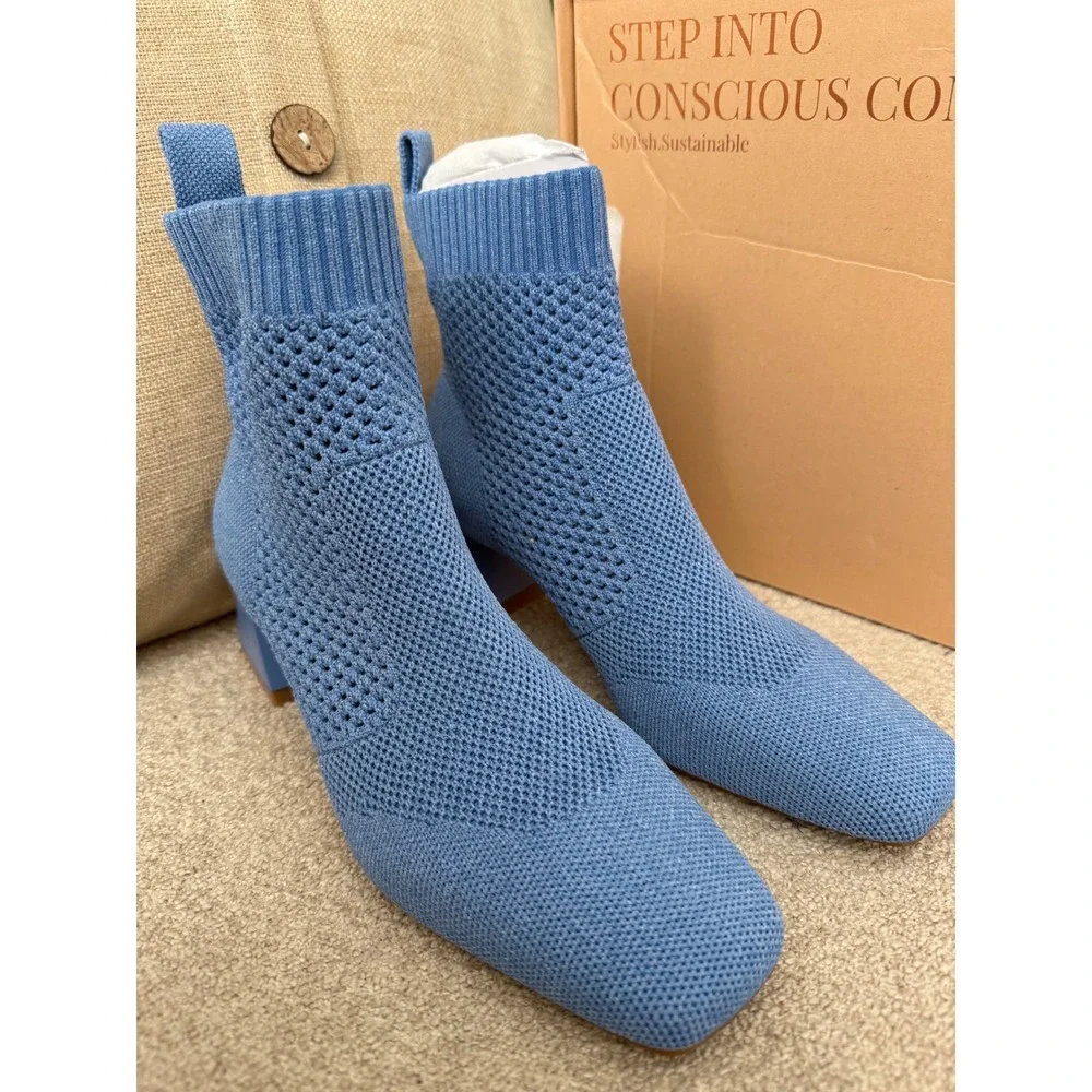 VIVAIA Square Toe Heeled Ankle Boots with‎ Perforated Design Blue EU/35 US/5 - Picture 7 of 14